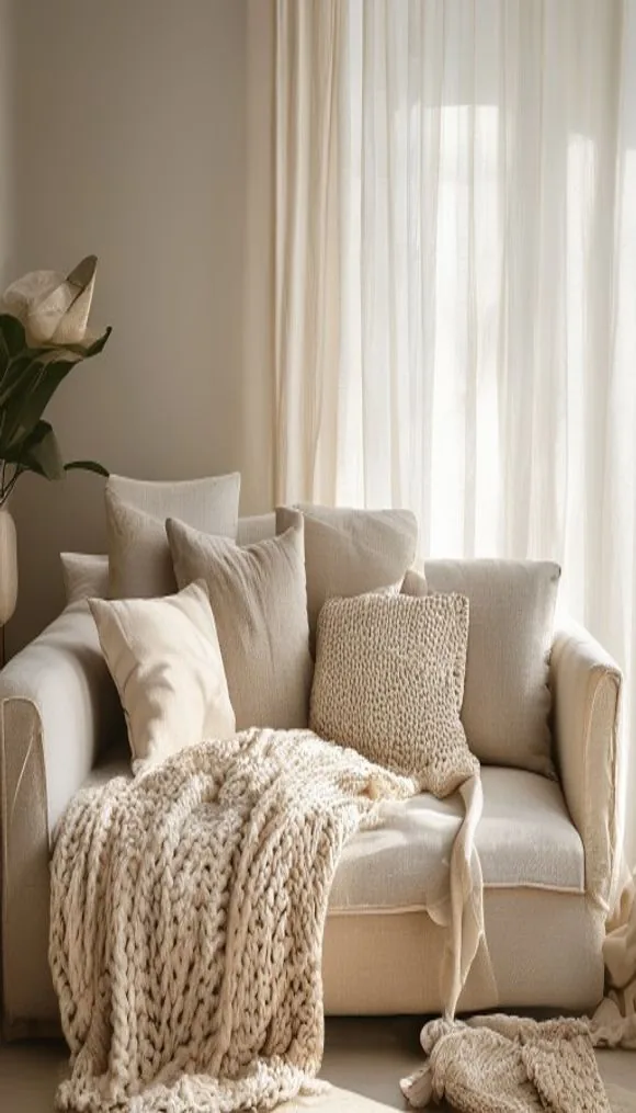 A cozy cream armchair layered with knit pillows and a chunky knit throw blanket beside a sunlit curtained window