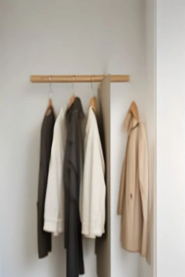 A neutral fall capsule wardrobe of coats, sweaters and a trench hanging on a wooden wall rail