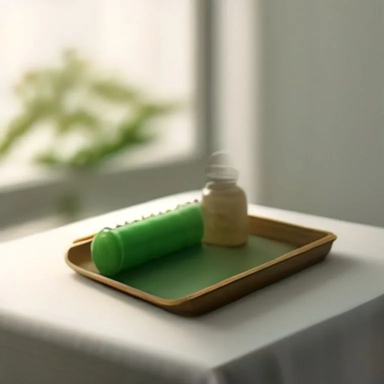 Minimalist skincare bottles and a jade facial roller arranged on a small wooden tray by a window